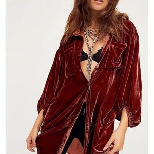 Free People Lux Velvet Shirt Dress in Rust